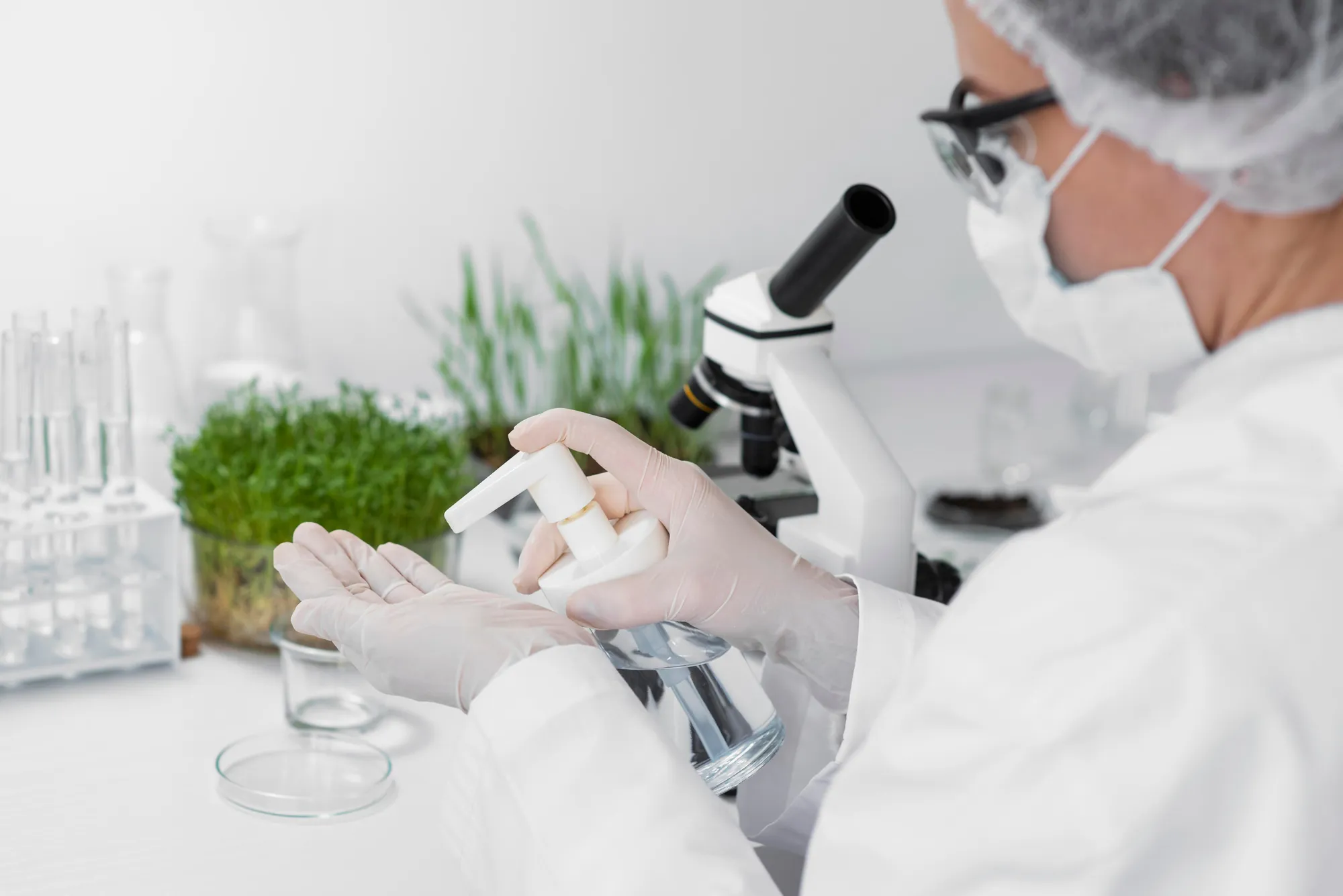 Una persona con un delantal blanco, con guantes blancos, mascarilla, lentes y sujetando en la mano derecha un rociador con líquido transparente que rocía sobre la mano izquierda. En el escritorio un microscopio, plantas verdes, y un envase pequeño de vidrio.